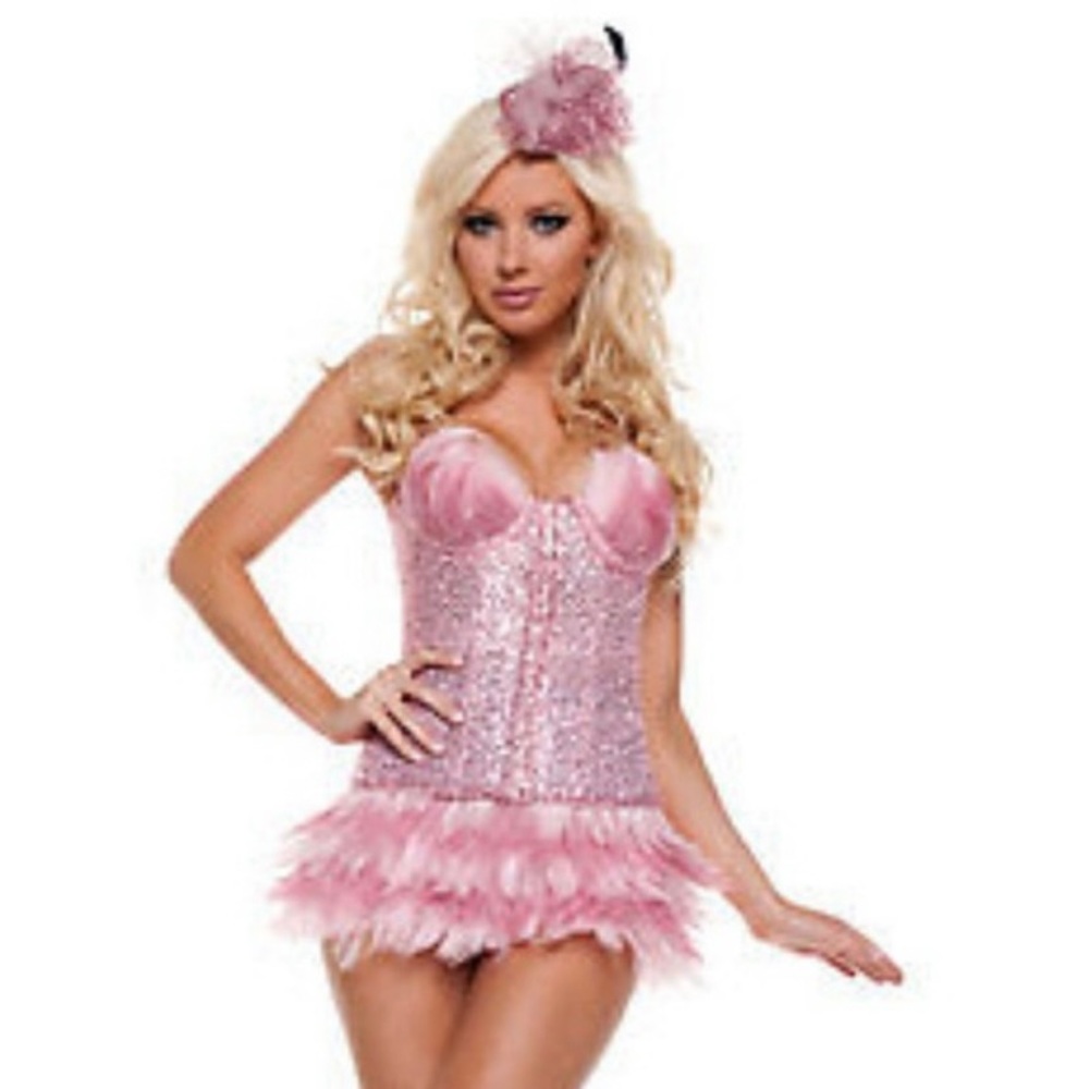 Flamingo costume🦩 3-piece feather & sequin corset, miniskirt & headpiece